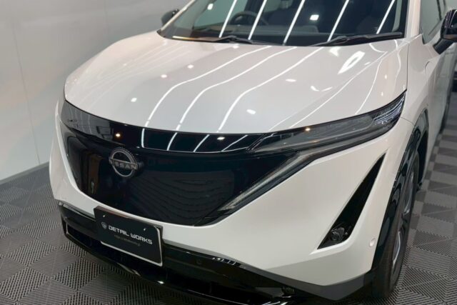 NISSAN アリア　ボディコーティング、ホイールコーティング　窓ガラスウロコ除去施工例/東京都稲城市K様